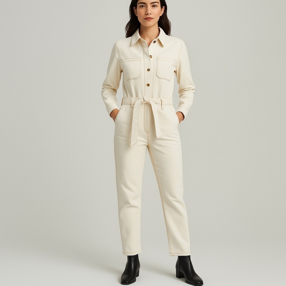 Cream Denim Jumpsuit Belted Button Front Long Sleeve Womens Medium By Together